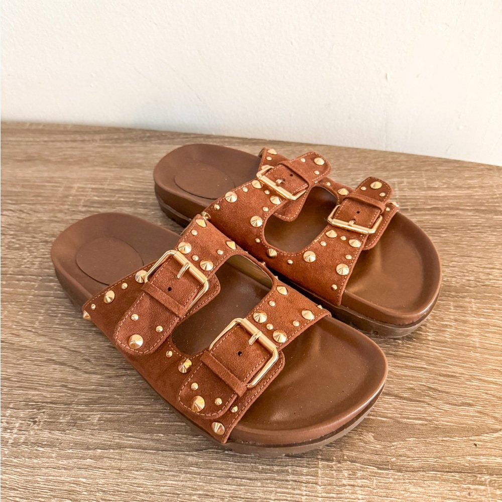 Brown & Gold Studded Sandals with Buckles, size 5 1/2